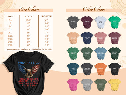 Black t-shirt with eagle and American flag wings and patriotic text. Size and color charts included.