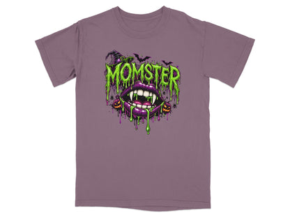 Purple t-shirt with a green "Momster" graphic featuring vampire lips and bats.