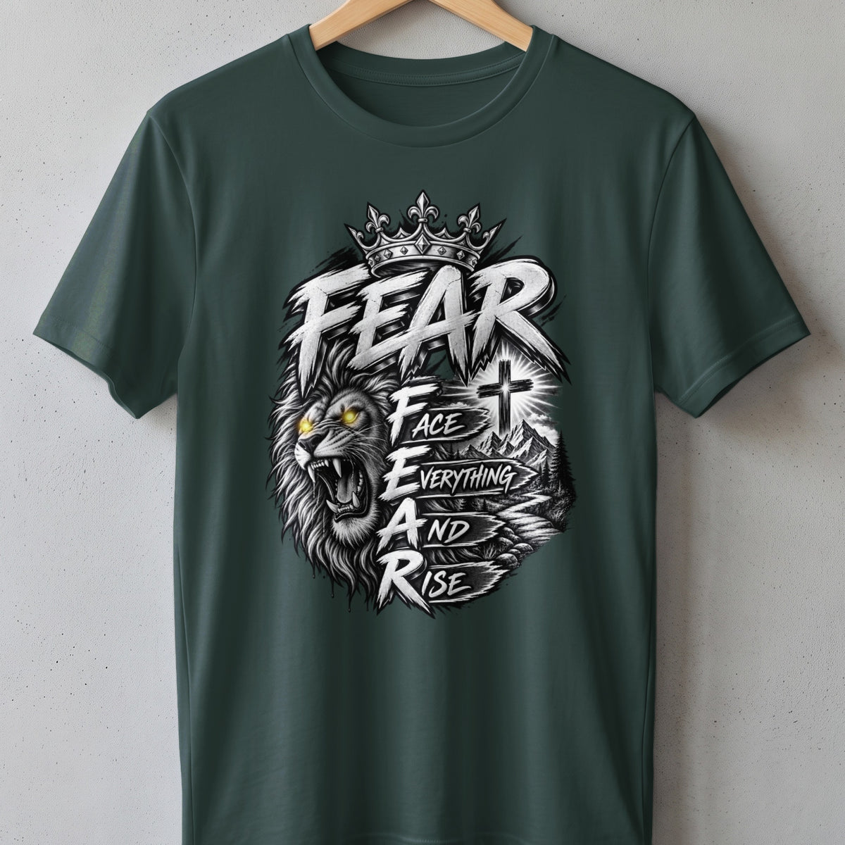 T-shirt with lion graphic and text "FEAR FACE EVERYTHING AND RISE"