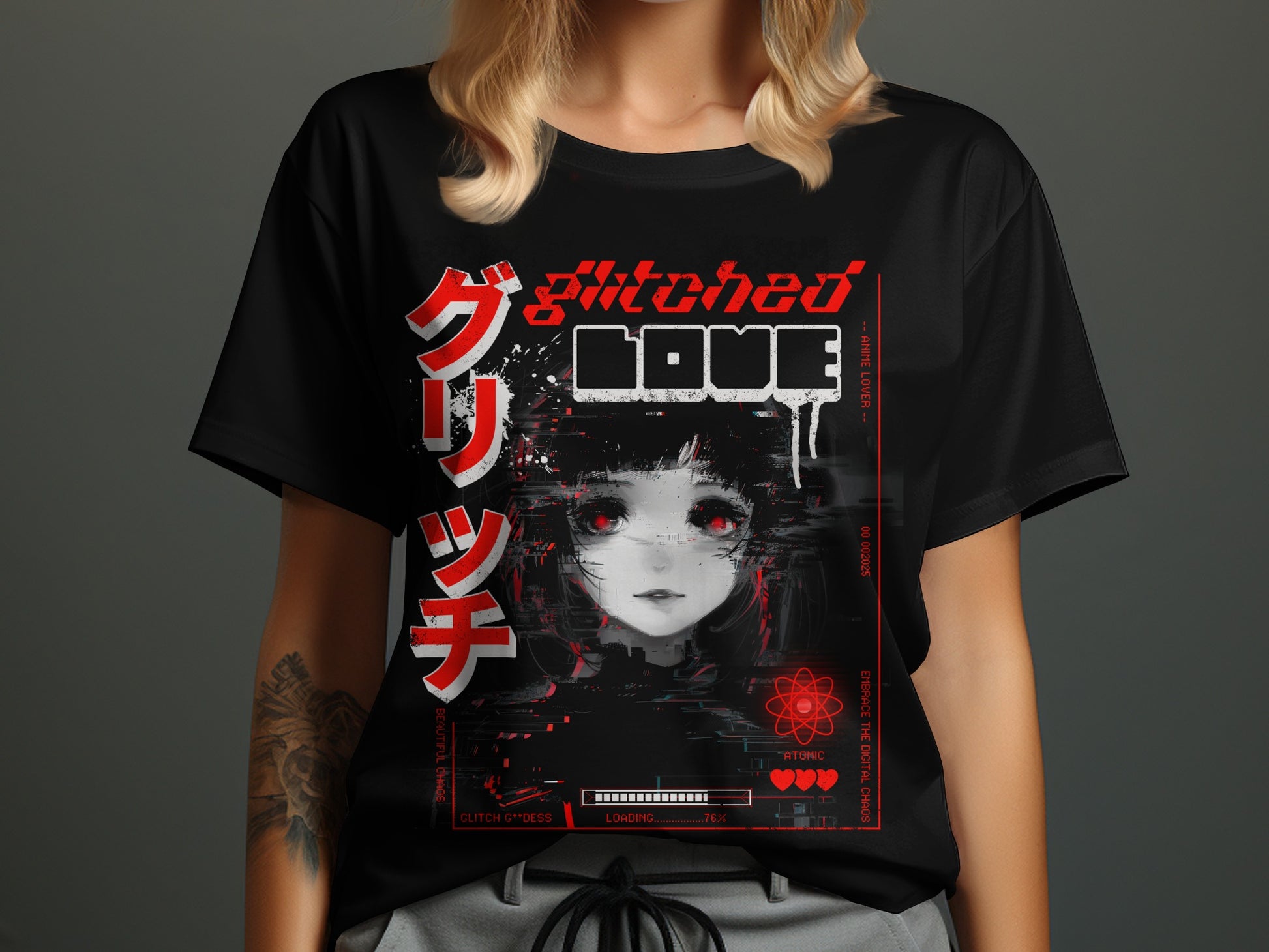Black t-shirt with glitchy anime girl graphic, "Glitched Love" text, and Japanese characters.