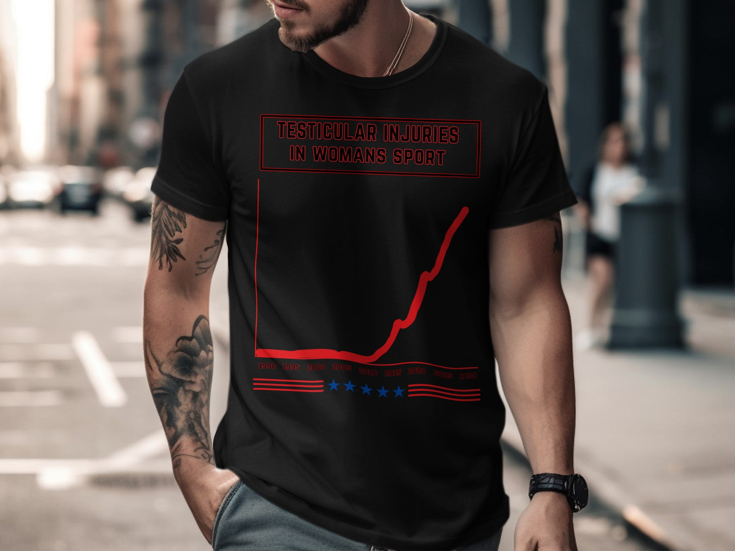 Black t-shirt with red text and graph: Testicular Injuries in Woman's Sport.