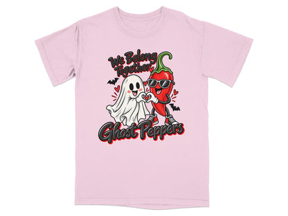 Pink t-shirt with cartoon ghost and chili pepper making heart with hands.