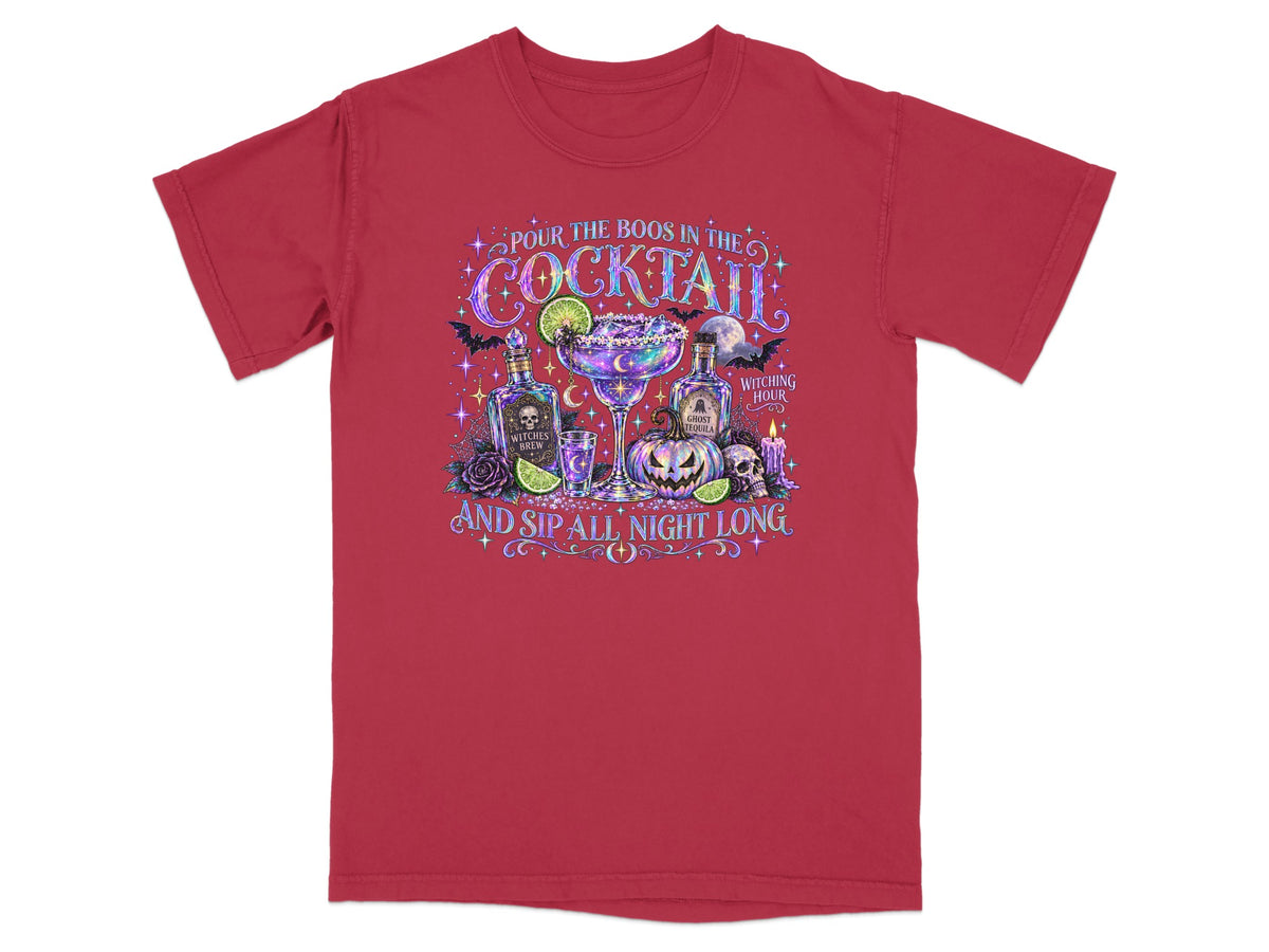 T-shirt with "Pour the boos in the cocktail and sip all night long" Halloween design.