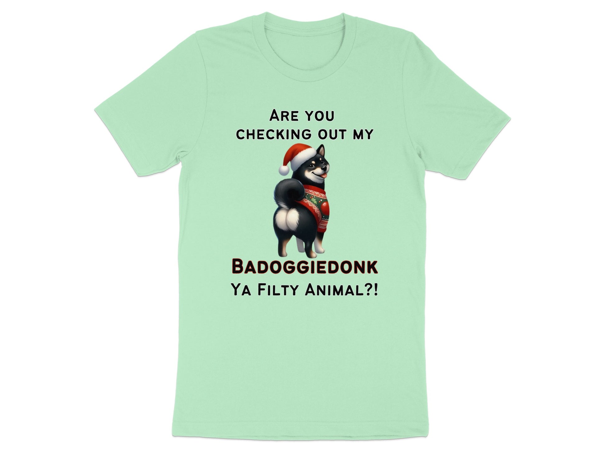 Light green t-shirt with text and illustration of a dog.
