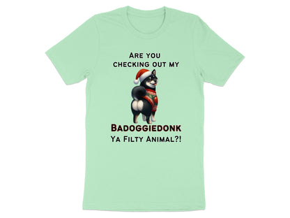 Light green t-shirt with text and illustration of a dog.