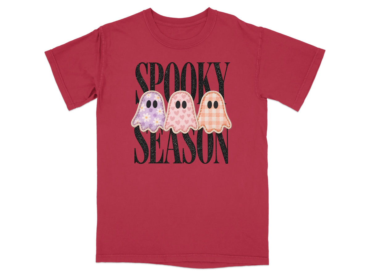 Red t-shirt with "SPOOKY SEASON" text and three decorative ghosts.