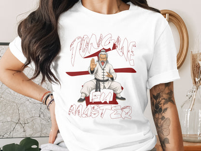 White t-shirt with "TONGUE FU MASTER" text and martial artist illustration.