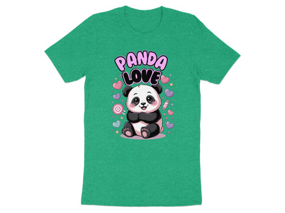 Green t-shirt with cartoon panda and "Panda Love" text surrounded by hearts.