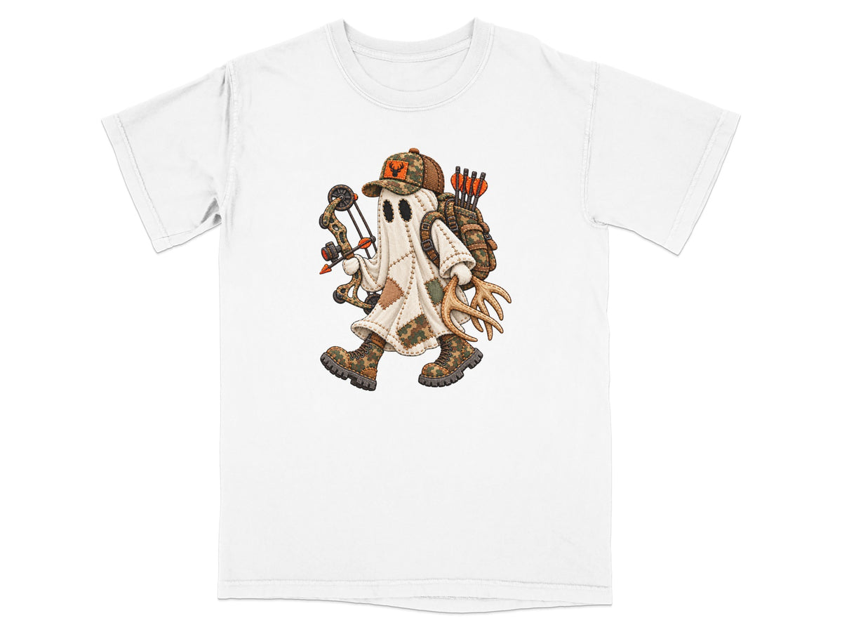 Ghost with bow, arrows, backpack, and antlers on white t-shirt.