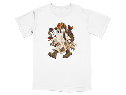 Ghost with bow, arrows, backpack, and antlers on white t-shirt.