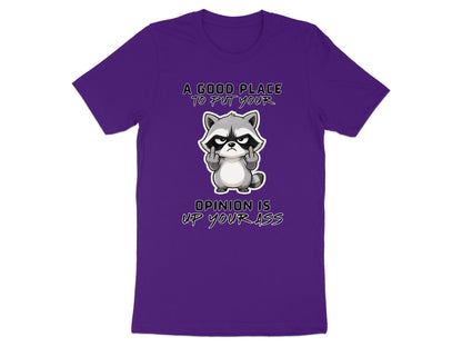 Purple t-shirt with a cartoon raccoon giving the middle finger and text.