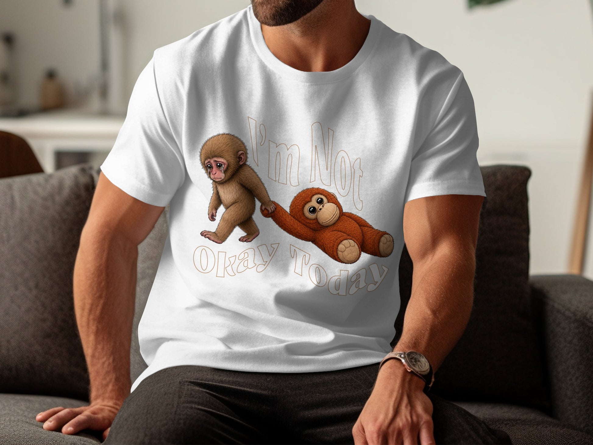 White t-shirt with monkey graphic and text "I'm Not Okay Today"