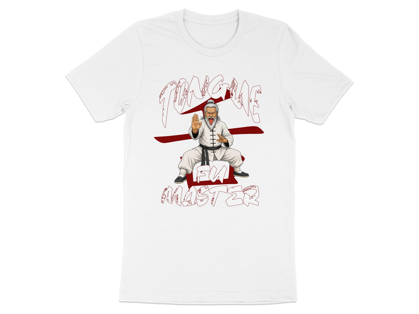 White t-shirt with a martial arts master illustration and "FU MASTER" text.