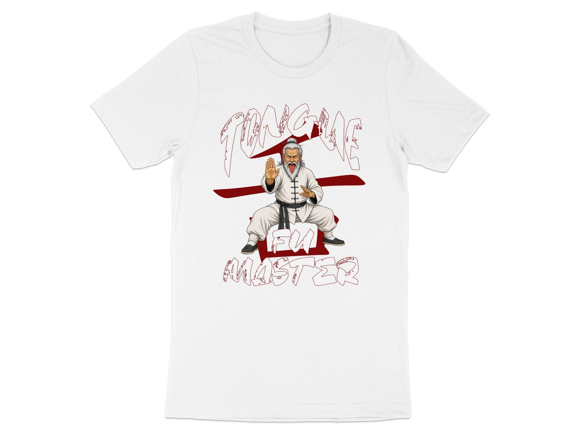 White t-shirt with a martial arts master illustration and "FU MASTER" text.