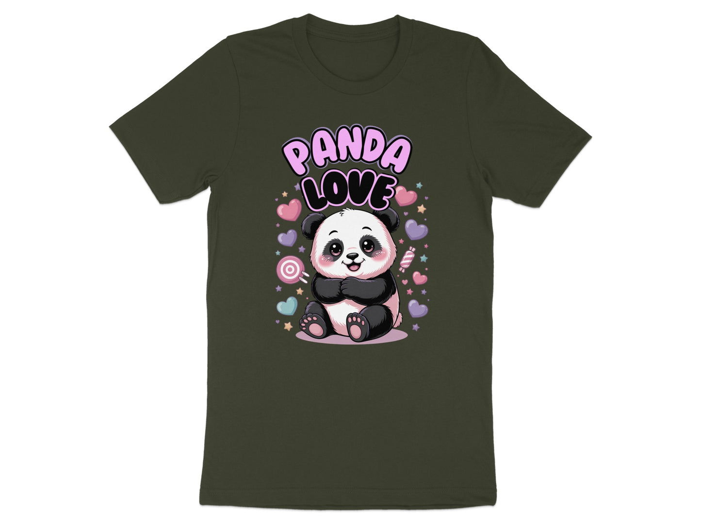 Kawaii panda with "Panda Love" text surrounded by hearts and candies.