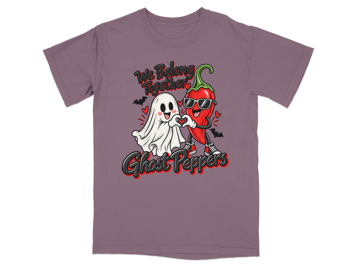 Ghost and chili pepper characters form heart with "We Belong Together" text and "Ghost Peppers" title.