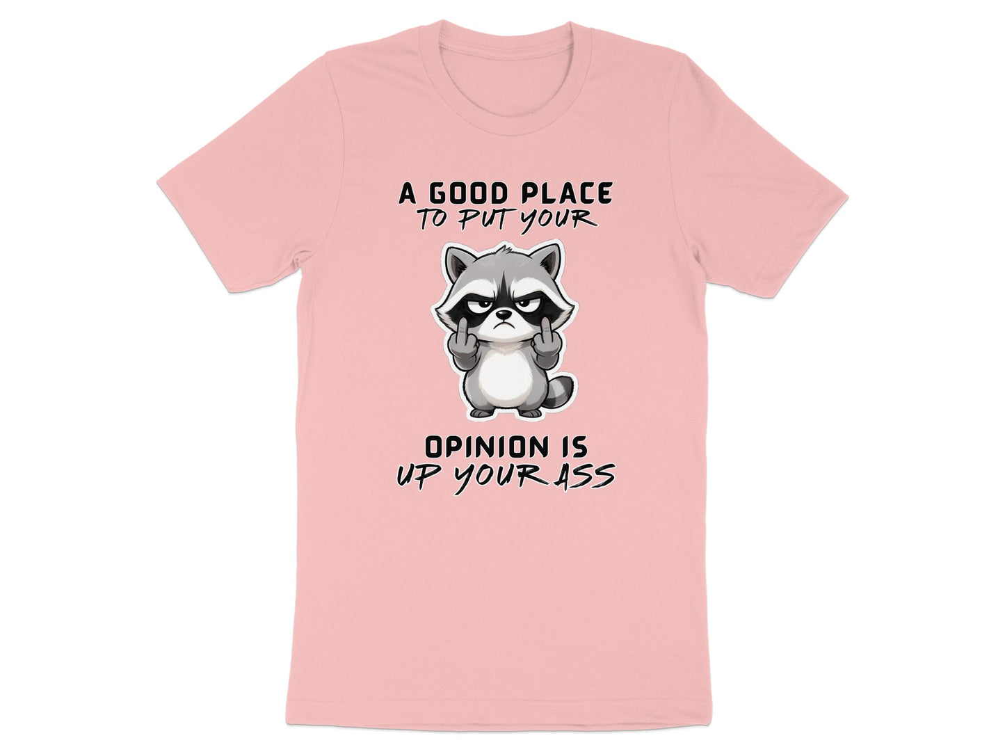 Pink t-shirt with a raccoon giving the middle finger and text "A good place to put your opinion is up your ass".