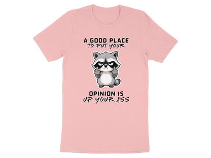 Pink t-shirt with a raccoon giving the middle finger and text "A good place to put your opinion is up your ass".