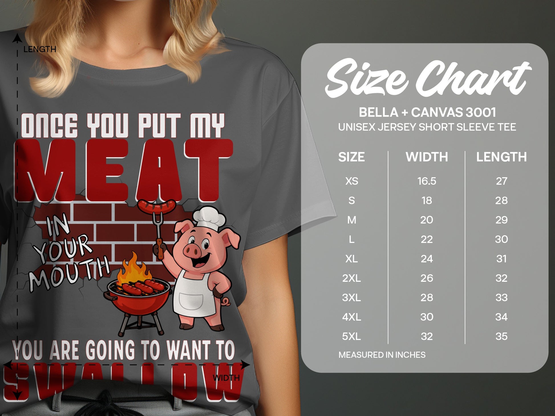 T-shirt with text and cartoon pig grilling, size chart details.