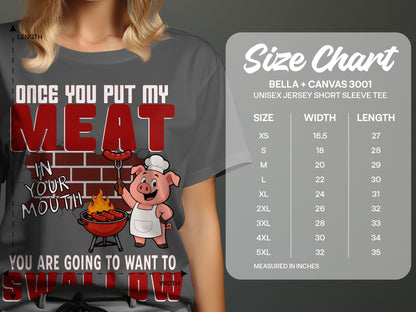 T-shirt with text and cartoon pig grilling, size chart details.