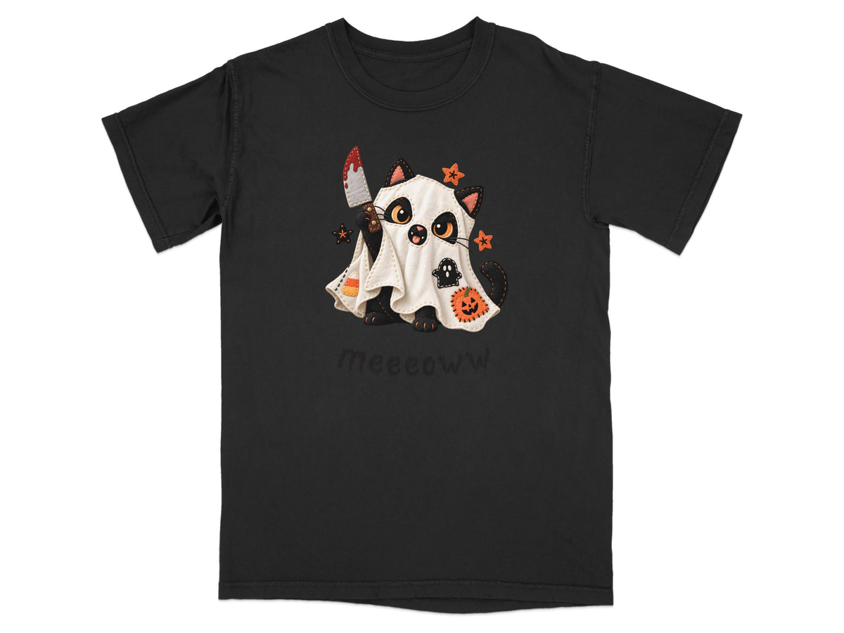 Black t-shirt with a black cat dressed as a ghost, holding a bloody knife.