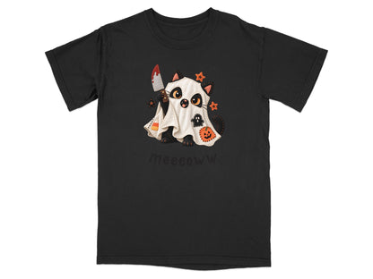Black t-shirt with a black cat dressed as a ghost, holding a bloody knife.