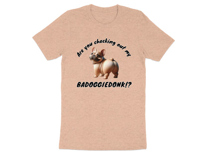Peach t-shirt with funny French bulldog graphic and text.