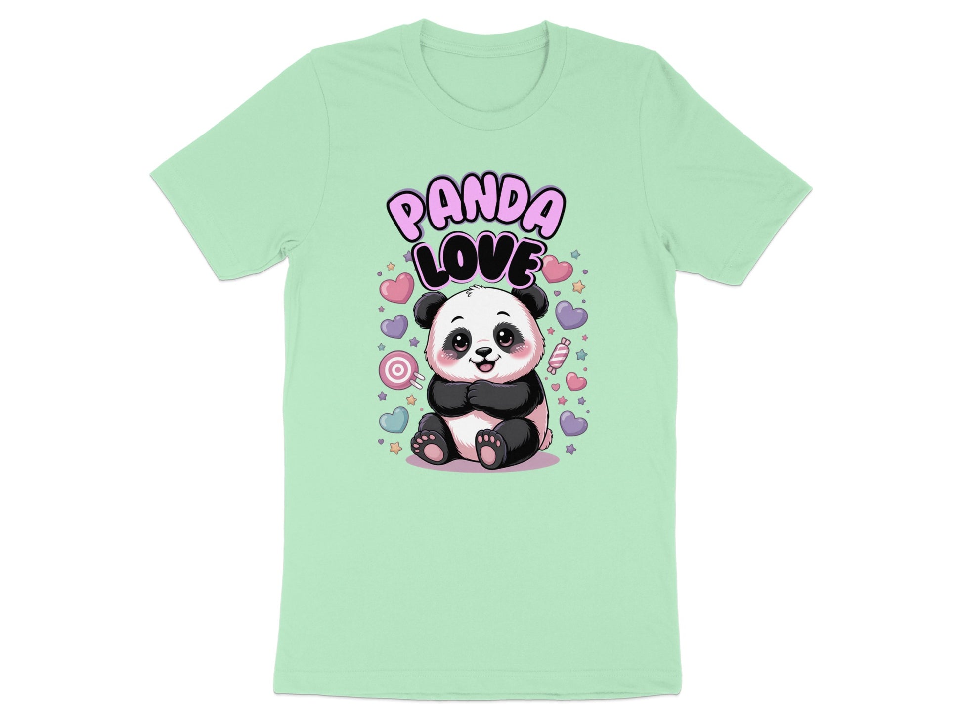 Mint green t-shirt with a cute panda and "Panda Love" text.