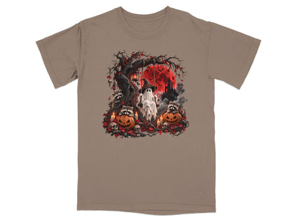 Ghost on swing with raccoons and pumpkins under a red moon.