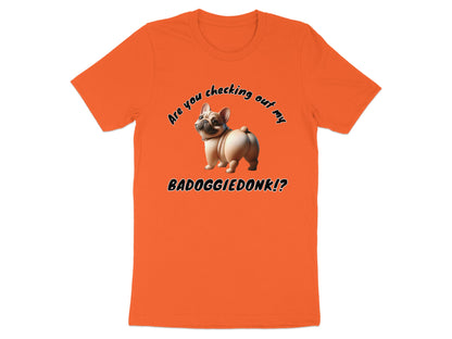 Orange t-shirt with French bulldog graphic and text.
