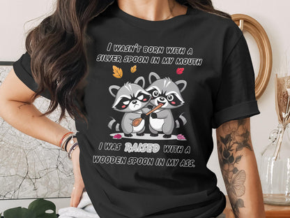 Funny Raccoon T-Shirt: Sarcastic Wooden Spoon Humor, Kawaii Graphic Tee