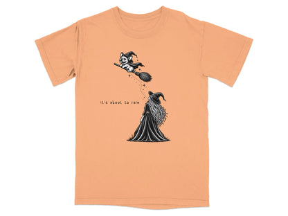 French bulldog in witch hat flies on broomstick above a witch. "It's about to rain."