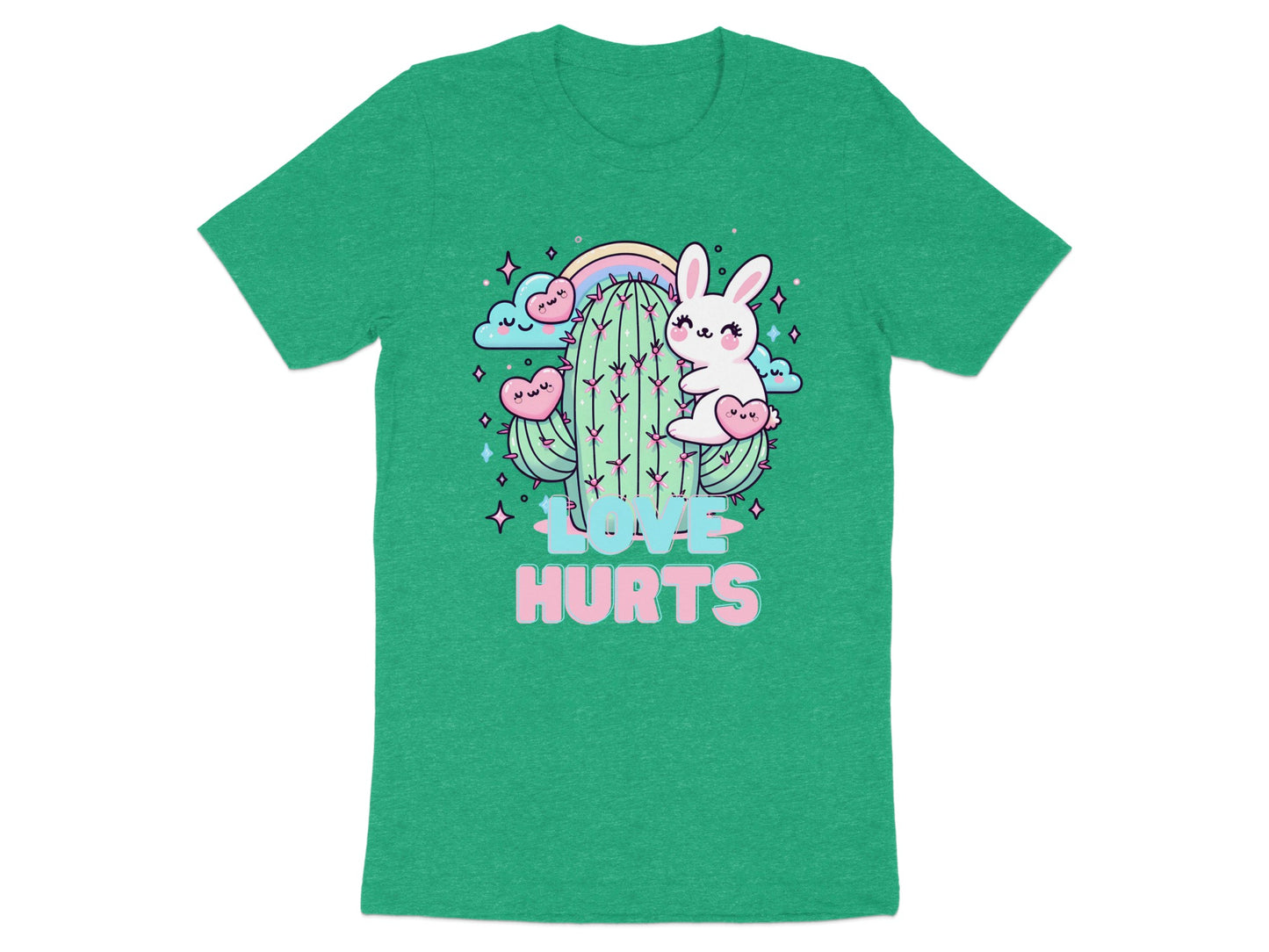 Green t-shirt with a cactus, bunny, hearts, rainbow, and the words "Love Hurts".