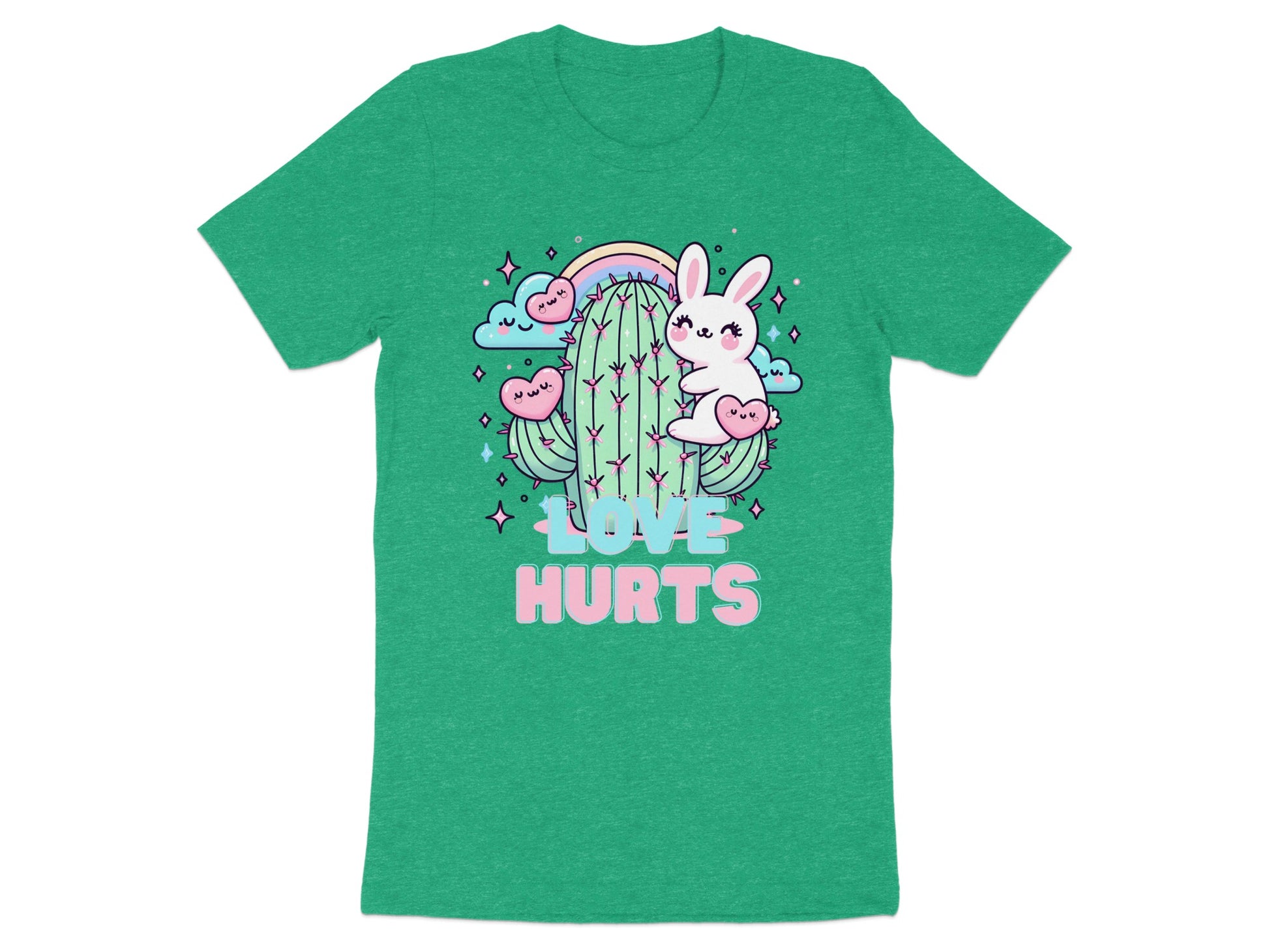 Green t-shirt with a cactus, bunny, hearts, rainbow, and the words "Love Hurts".