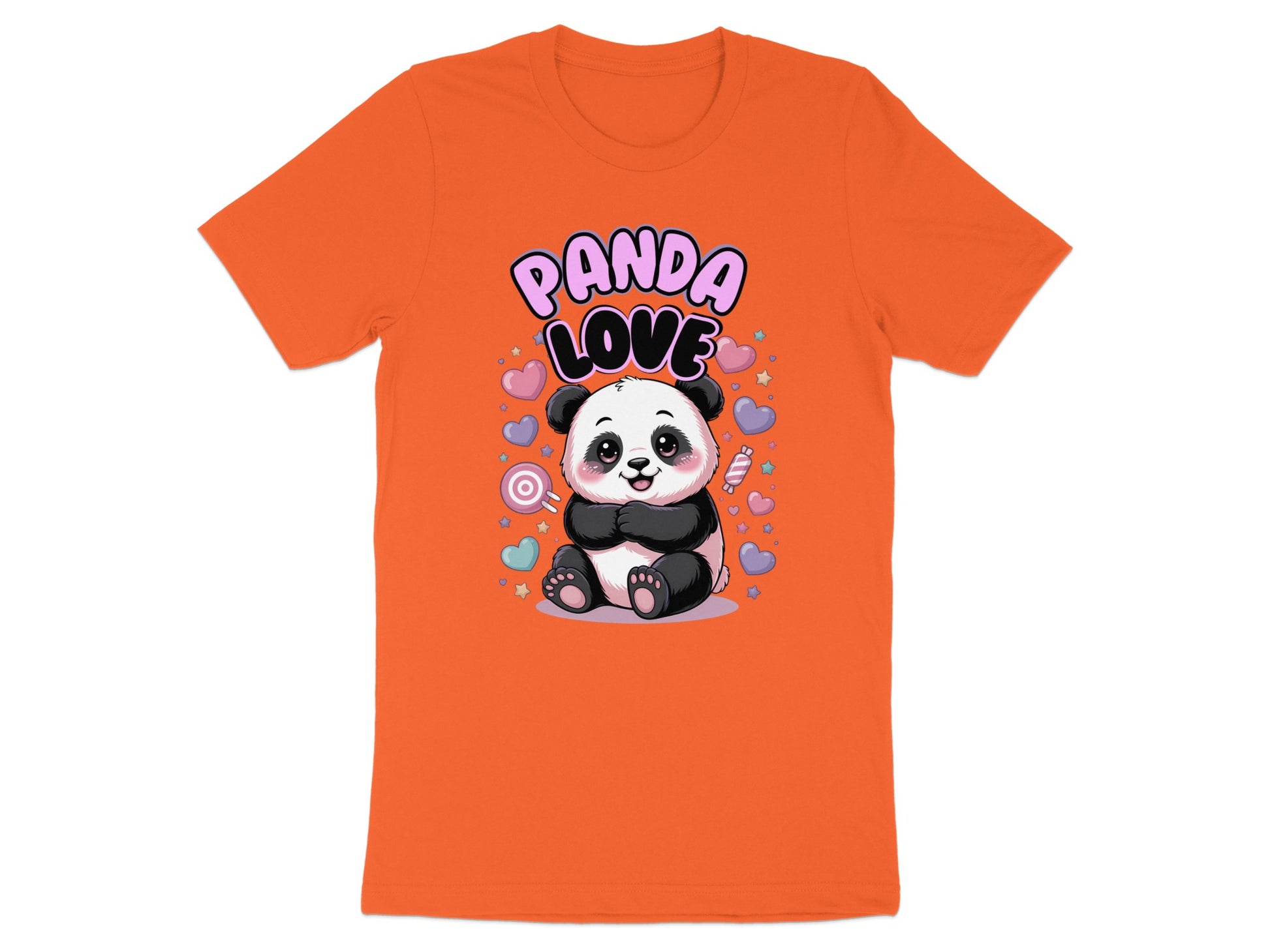 Orange t-shirt with a cartoon panda surrounded by hearts and candy.