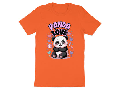 Orange t-shirt with a cartoon panda surrounded by hearts and candy.