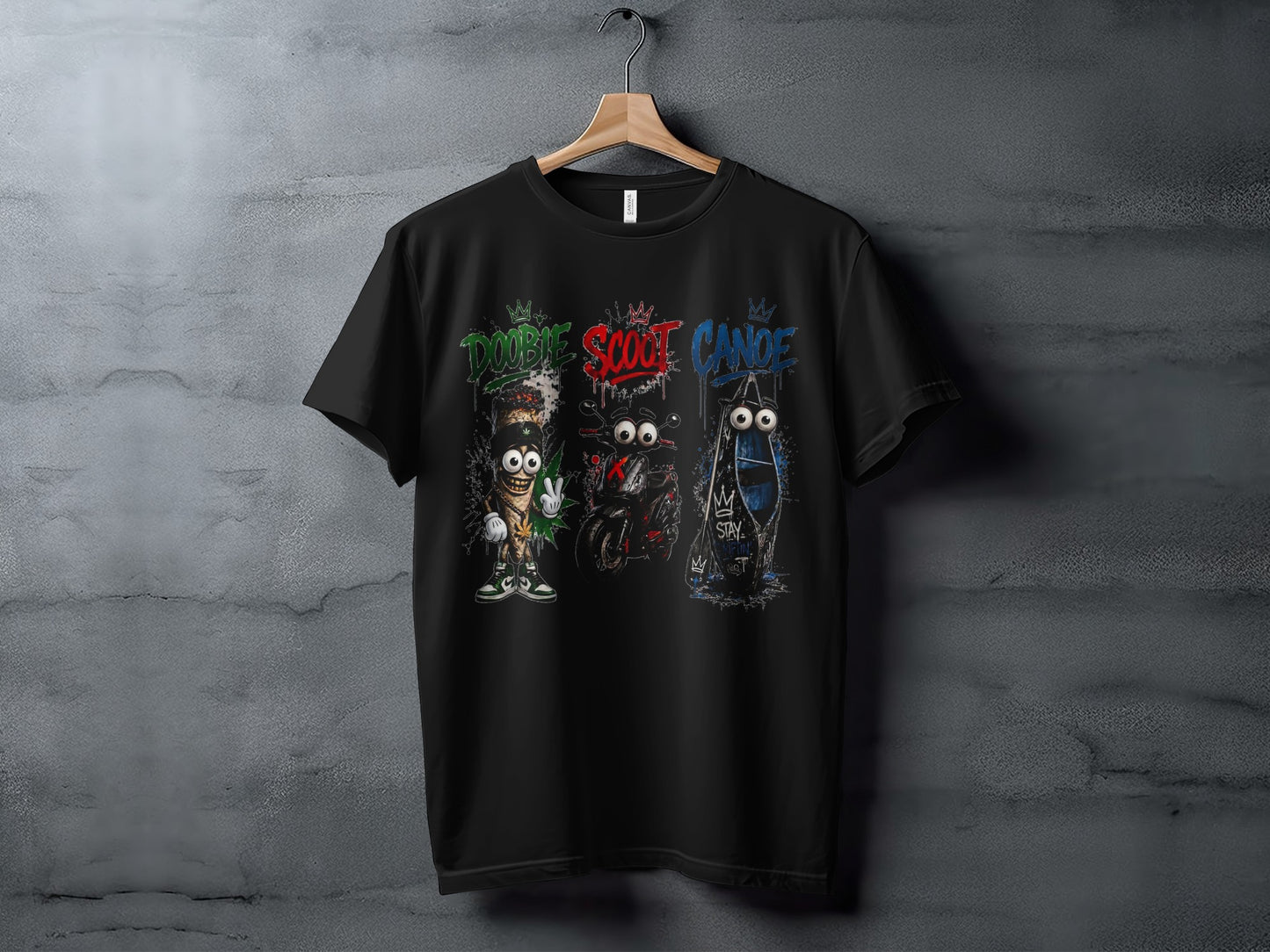 Black t-shirt with "Doobie, Scoot, Canoe" text and cartoon characters.