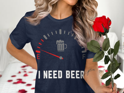 Navy t-shirt with beer gauge graphic and "I NEED BEER" text.