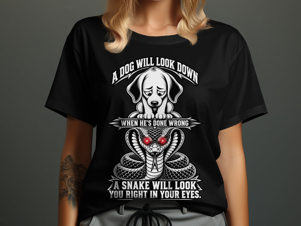 Black t-shirt with dog and snake graphic and text.