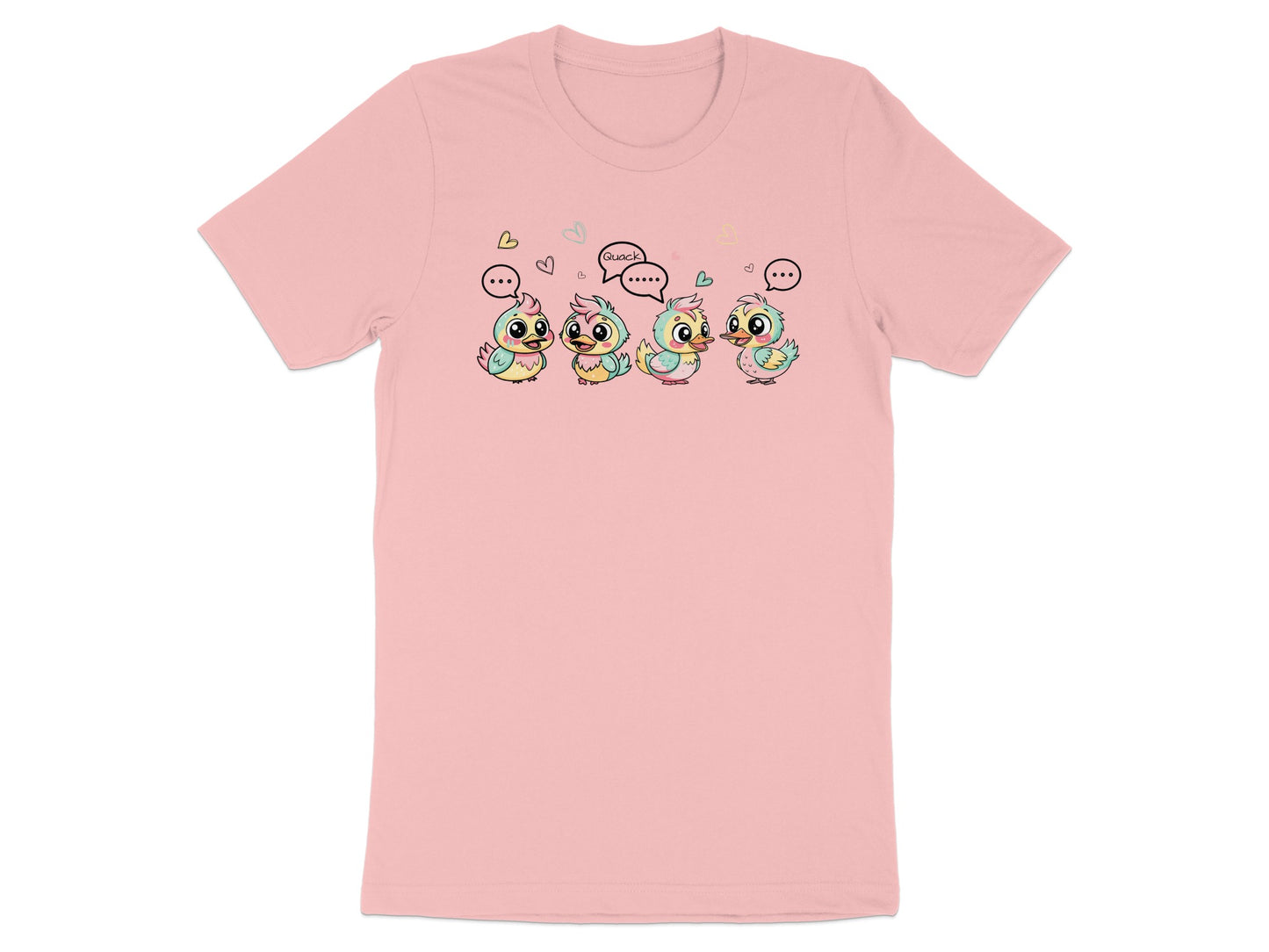 Four cartoon ducklings on a pink t-shirt, one saying "Quack".