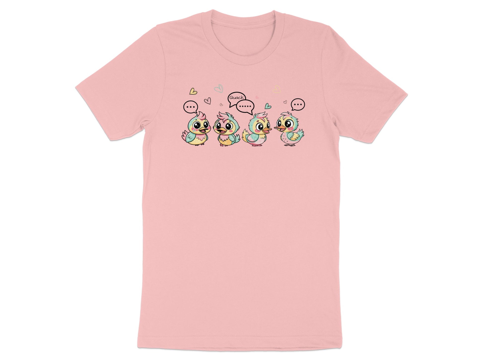 Four cartoon ducklings on a pink t-shirt, one saying "Quack".