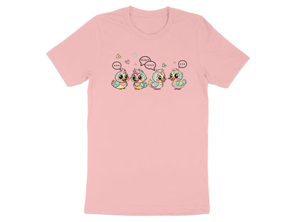 Four cartoon ducklings on a pink t-shirt, one saying "Quack".