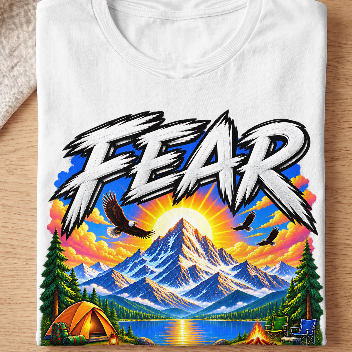 White t-shirt with "FEAR" text and a mountain camping scene featuring eagles.