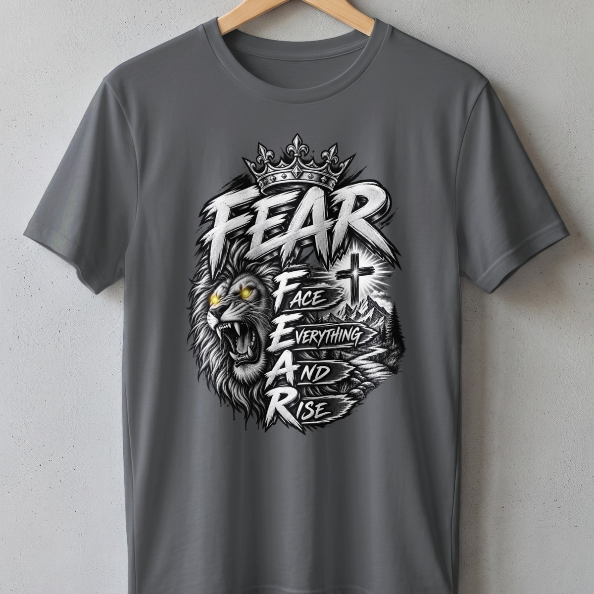 Lion with crown and text "FEAR FACE EVERYTHING AND RISE" with cross.