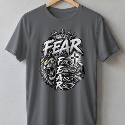 Lion with crown and text "FEAR FACE EVERYTHING AND RISE" with cross.