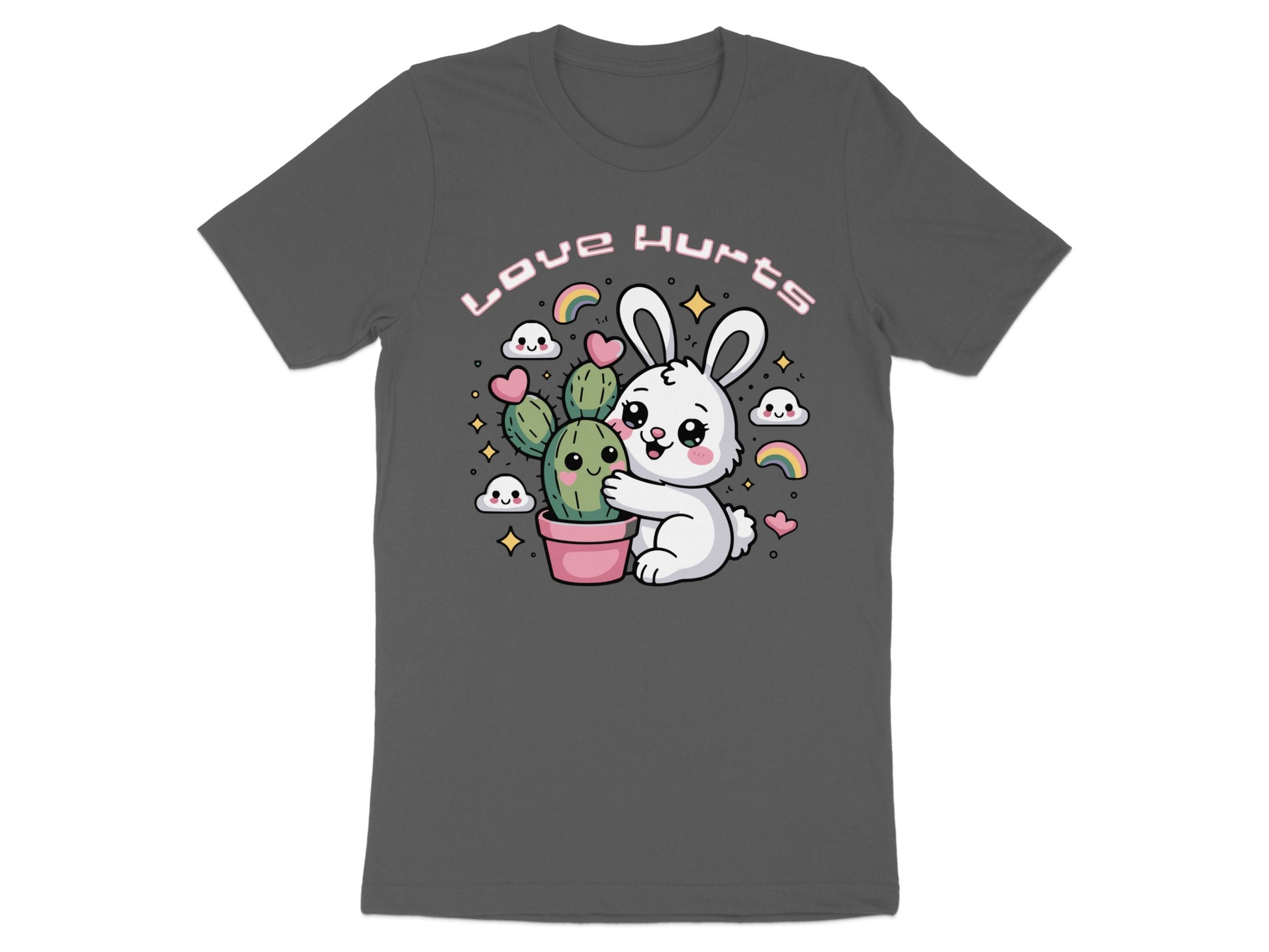White bunny hugging a cactus with text "LOVE HURTS" above.