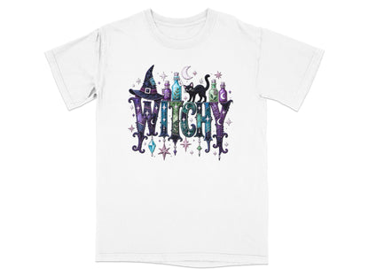 White t-shirt with "WITCHY" text, witch hat, potion bottles, black cat, and stars.