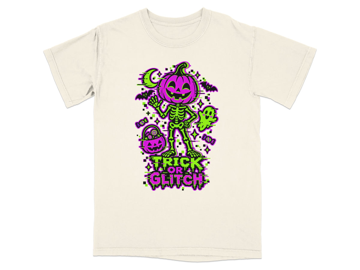 Skeleton with pumpkin head and glitch art Halloween graphic with text "TRICK OR GLITCH".