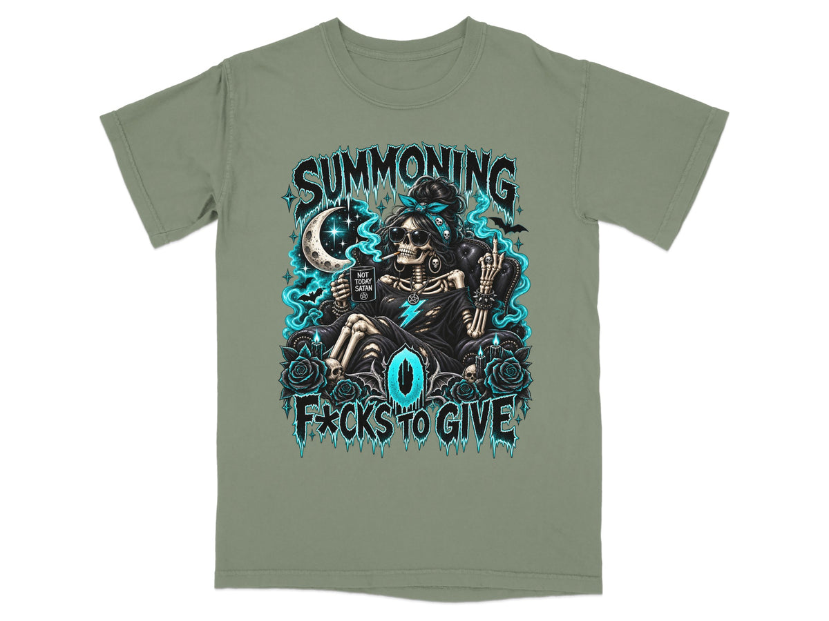 Sage green t-shirt with a graphic of a skeleton woman holding a mug that reads NOT TODAY SATAN.