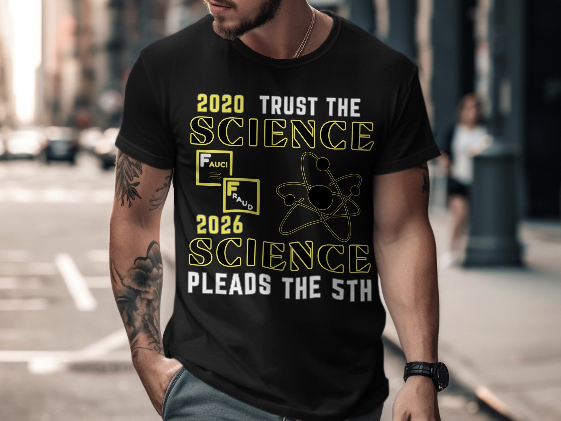 Black t-shirt with text "2020 TRUST THE SCIENCE" and "2026 SCIENCE PLEADS THE 5TH".